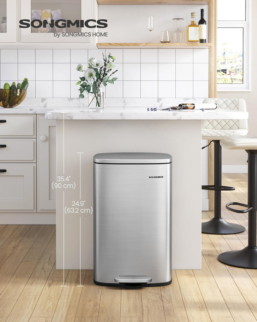 SONGMICS Kitchen Bin 13 Gallon (50 L), Pedal Rubbish Bin, Soft Close, Step-On Pedal, Steel, Inner Bucket, Silver LTB050E01