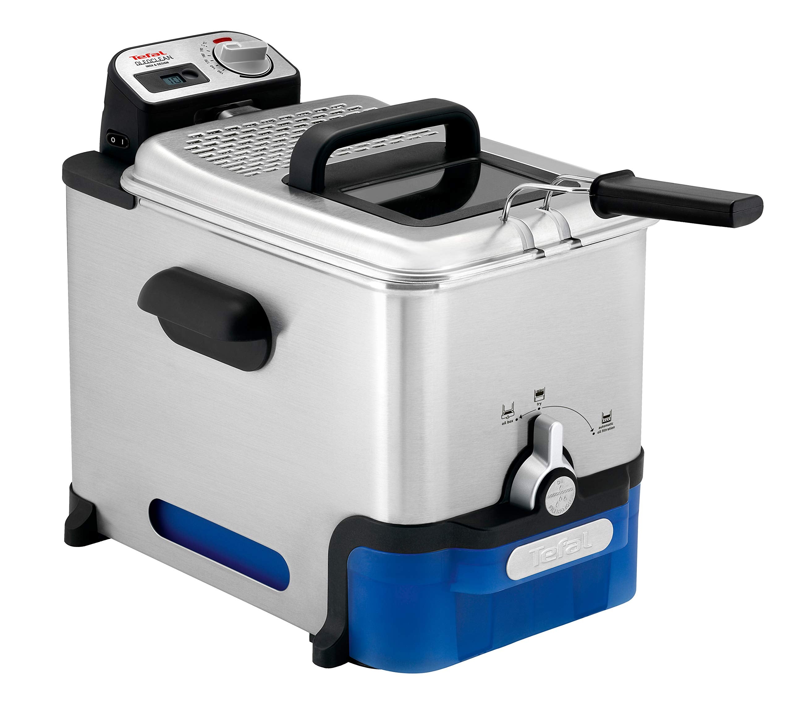 Tefal Oleoclean Pro, 3.5L Oil Capacity, Patented Filtration System, Easy to Clean, 1.2 kg of Food, 6 Portions, 2300W, Stainless Steel with Removable Blue Oil Box - FR804040